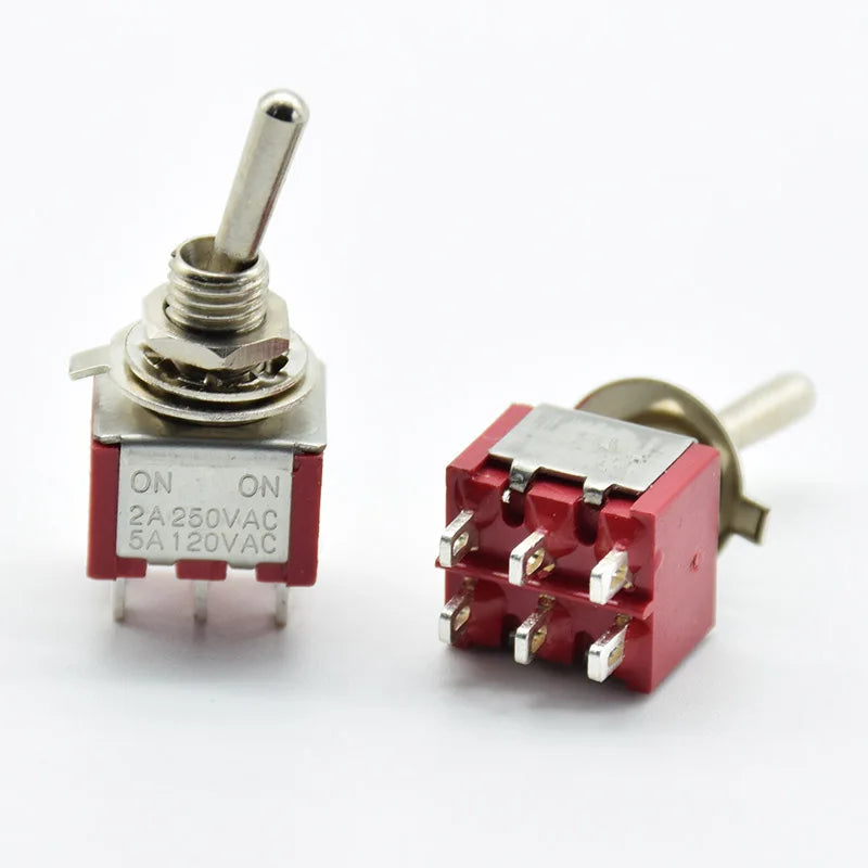 5Pcs Red Toggle Switch Mini MTS-202 ON/ON ON/OFF/ON DPDT Latching 2A 250VAC / 5A 120VAC 6 Pins With Solder Terminal waterproof