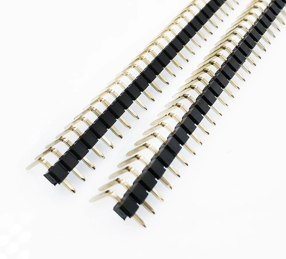 100pcs 2.54mm Single Row Breakable 1X40P Right Angle R1 R2 SMT Board Spacer Gold-plate  Male PCB Pin Header Strip Connector