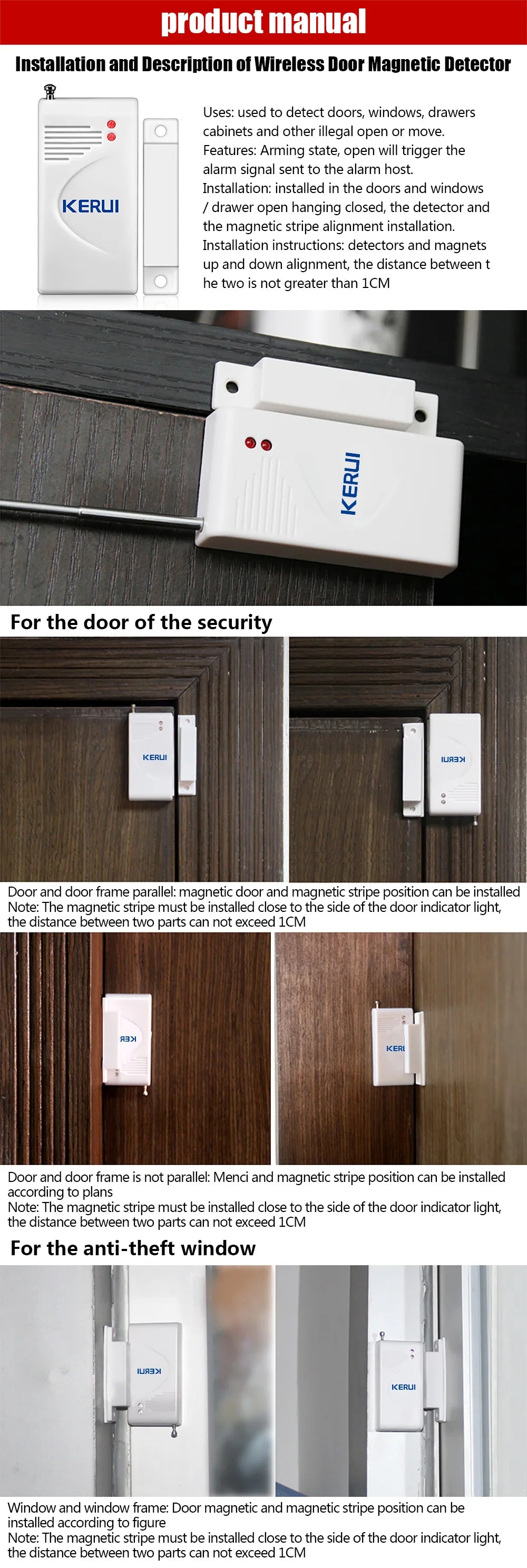 KERUI 433MHz Wireless Door Window Magnetic Sensor for W181 W184 W202 W204 WiFi GSM Home Security Alarm System