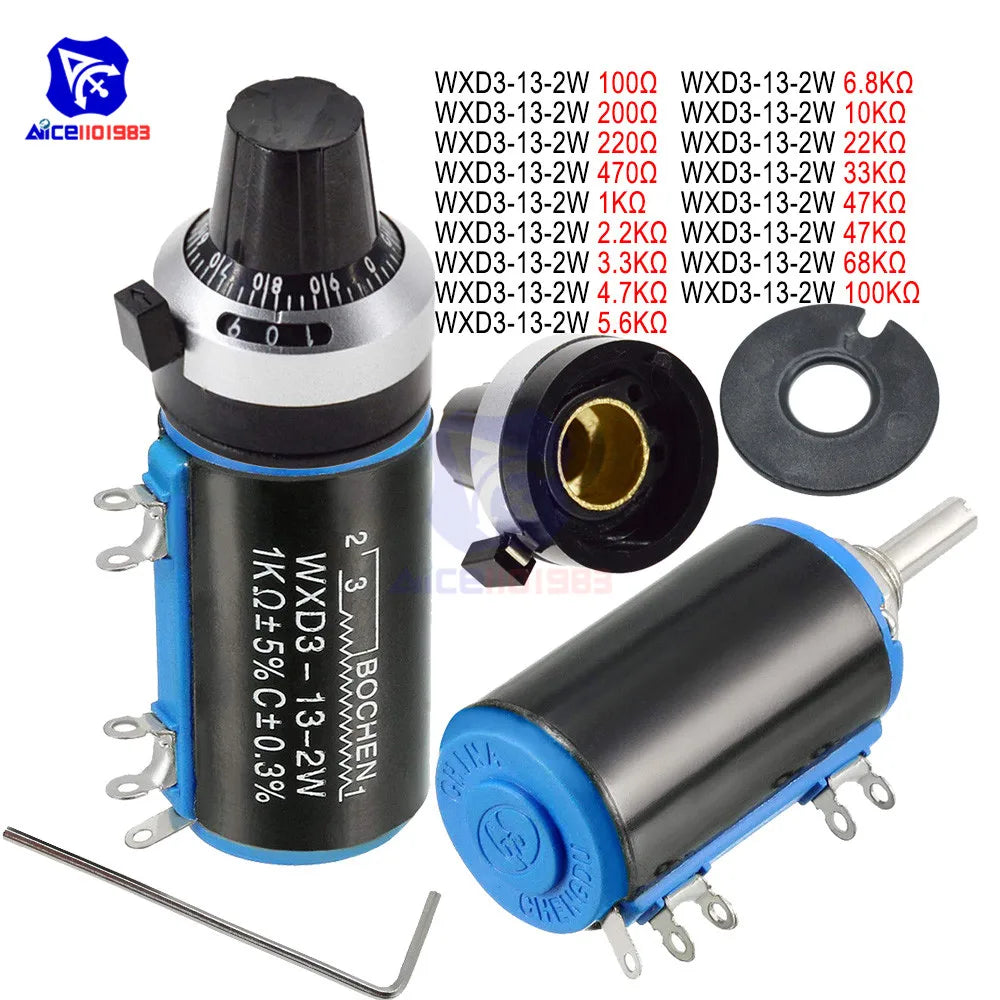 WXD3-13-2W Wirewound Potentiometer Resistance 100R 470R 1K 4.7K 10K 22K 47K 100KΩ Ohm 10 Turn Precision Dial Potentiometer Knob