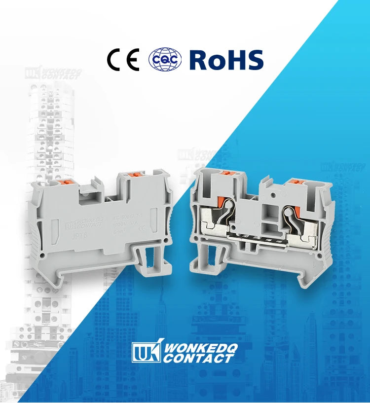 10Pcs PT6 Push-in Terminal Block Din Rail 6mm² Screwless Spring Feed-Through Connector Wire Electrical Strip Plug PT-6 PT 6
