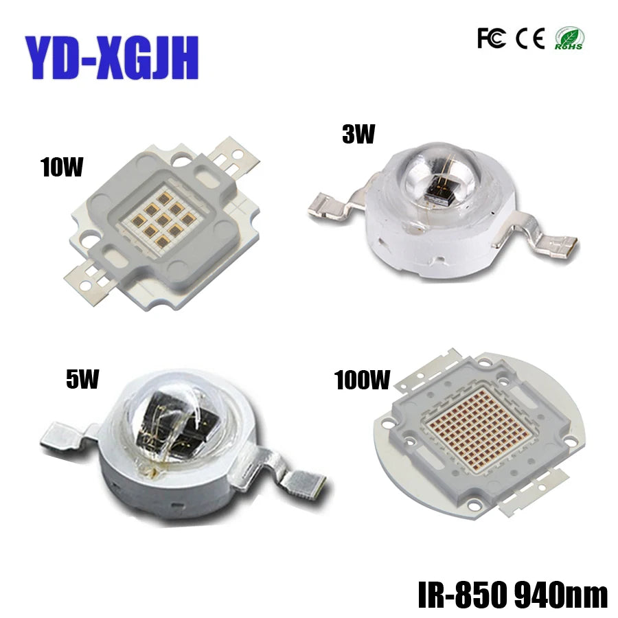 High Power IR Infrared LED Chip 850Nm 940Nm Emitter Light Lamp Matrix for Night Vision Camera 3W 5W 10W 20W 50W 100W 45x45mil