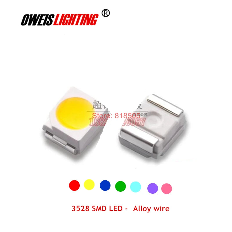 100PCS 3528 SMD LED Alloy Wire RED BLUE YELLOW GREEN ICE Blue PINK PURPLE 20mA Super Bright