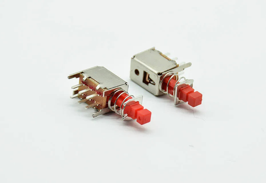5pcs  Right Angle PCB Latching Push Button Switch DPDT Double Pole 6 Pin self-locking key power switches red blue yellow A03/04