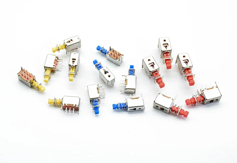 5pcs  Right Angle PCB Latching Push Button Switch DPDT Double Pole 6 Pin self-locking key power switches red blue yellow A03/04