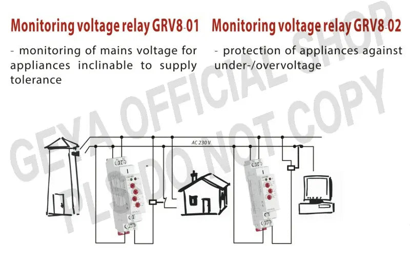 GEYA Over Voltage and Under Voltage Protection Relay DC12V 24V 48V 220V 10A Voltage Protector Relay GRV8-02