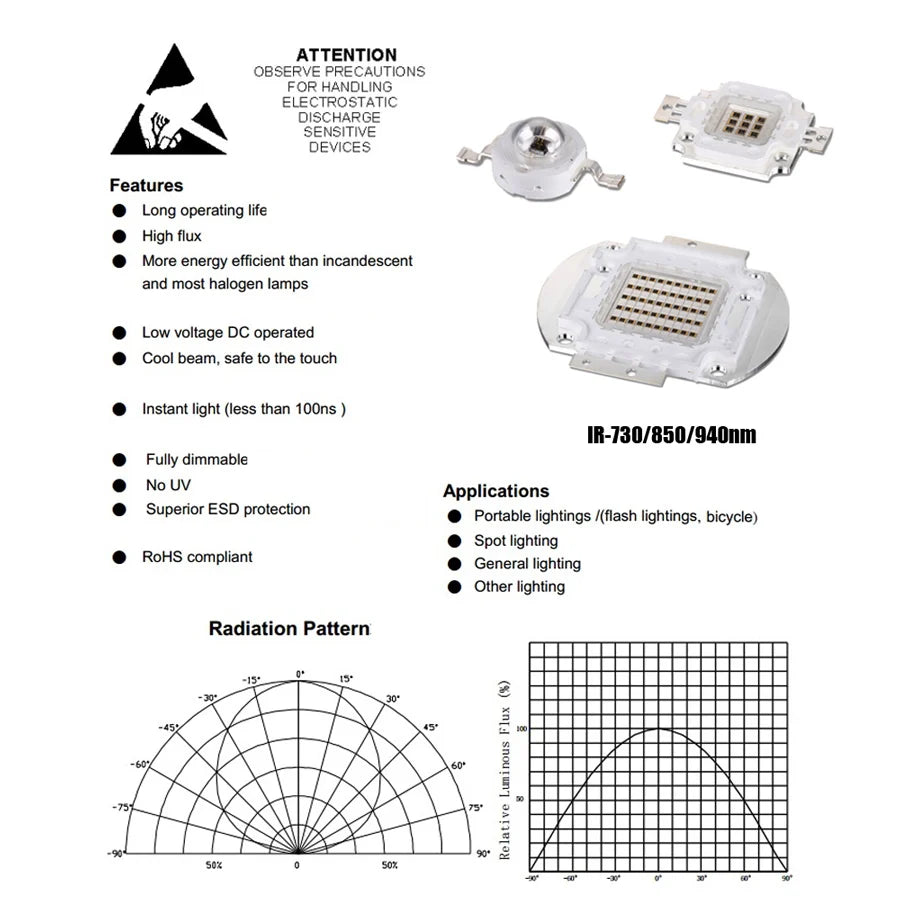 IR Infrared 850Nm 940Nm High Power LED Chip 3W5W10W20W50W100W Emitter Light Lamp Matrix  45x45mil for 730nm Night Vision Camera