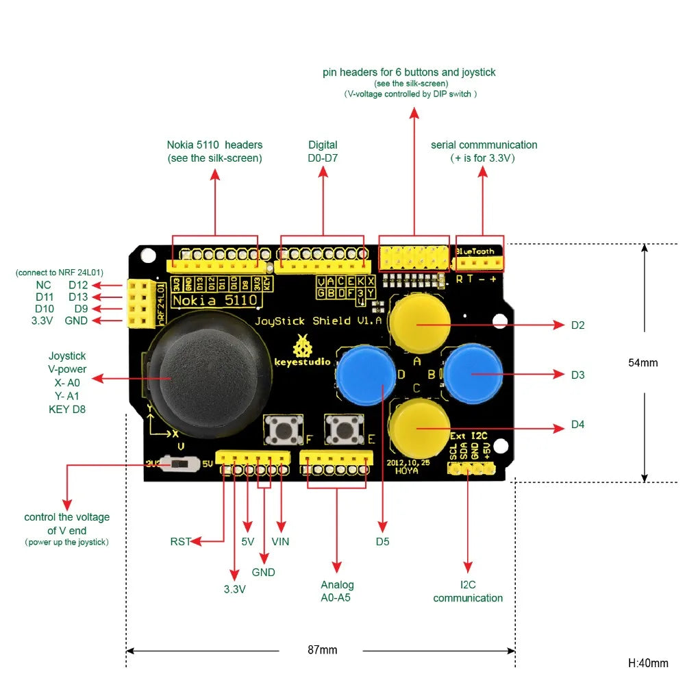 Keyestudio JoyStick Shield PS2 for Arduino nRF24L01 Nk 5110 LCD I2C Programming DIY Module