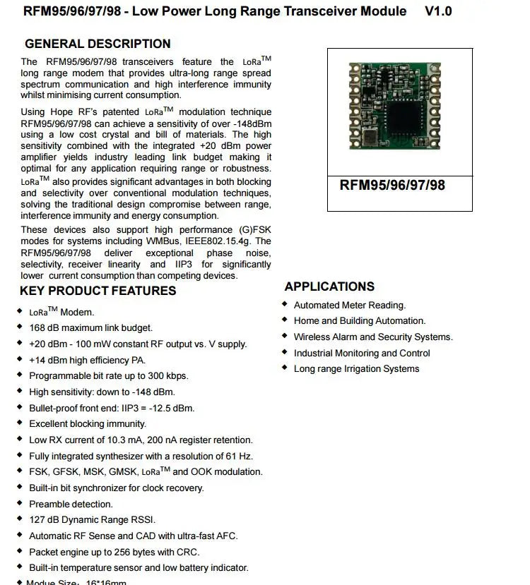 RFM95 RFM96 433/868/915MHz LoRa Module SX1276 Wireless Transceiver Module Sub-GHz Module Lora TRX Module