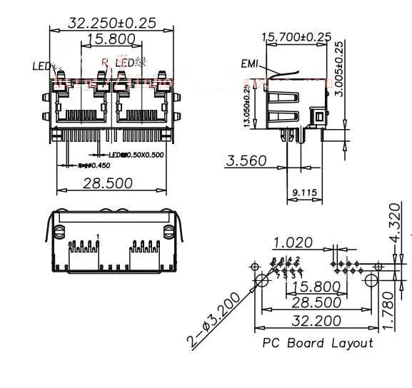 RJ45 Connector Double RJ45 Socket PCB Mounting Network Adapter For Ethernet Network Data Transfer with Lamp