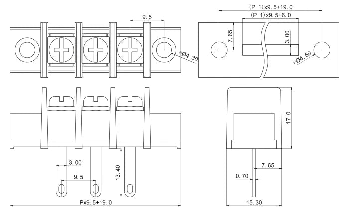 10pcs Barrier Terminal Block 45R 45RM 9.5mm Pitch IEC:750V32A,UL: 300V20A 22-12AWG,Vertical/ RA,wT W/O mounting tab optional.