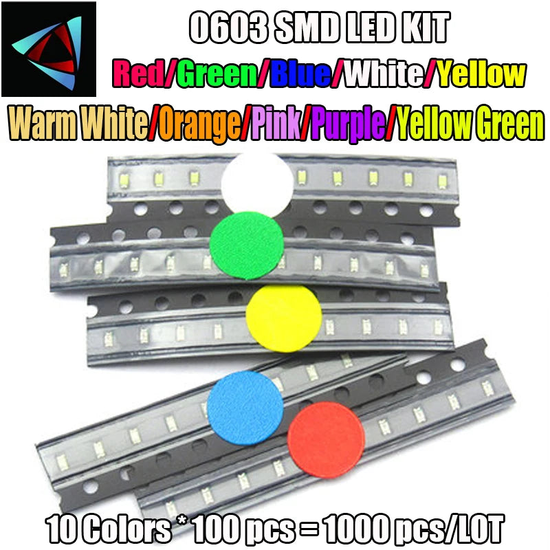 10Valuesx100pcs=1000pcs 0603 Ultra Bright Red/Green/Blue/White/Yellow /Warm White/Orange/Pink/Purple/Yellow Green Smd Led Diode