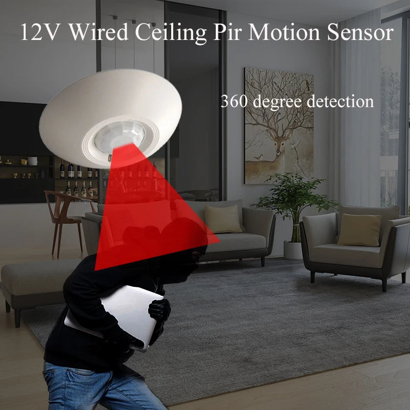 12V Wired PIR Motion Sensor Ceiling Detector 360 Degree Infrared Movement Detection N.O N.C Signal Output Link Wire Alarm System