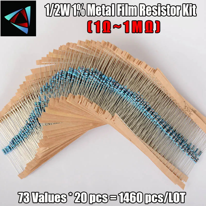 1/2W 1% 73valuesX20pcs=1460pcs 1R~1M Ohm Pack 0.5W Metal Film Resistor Kit SET