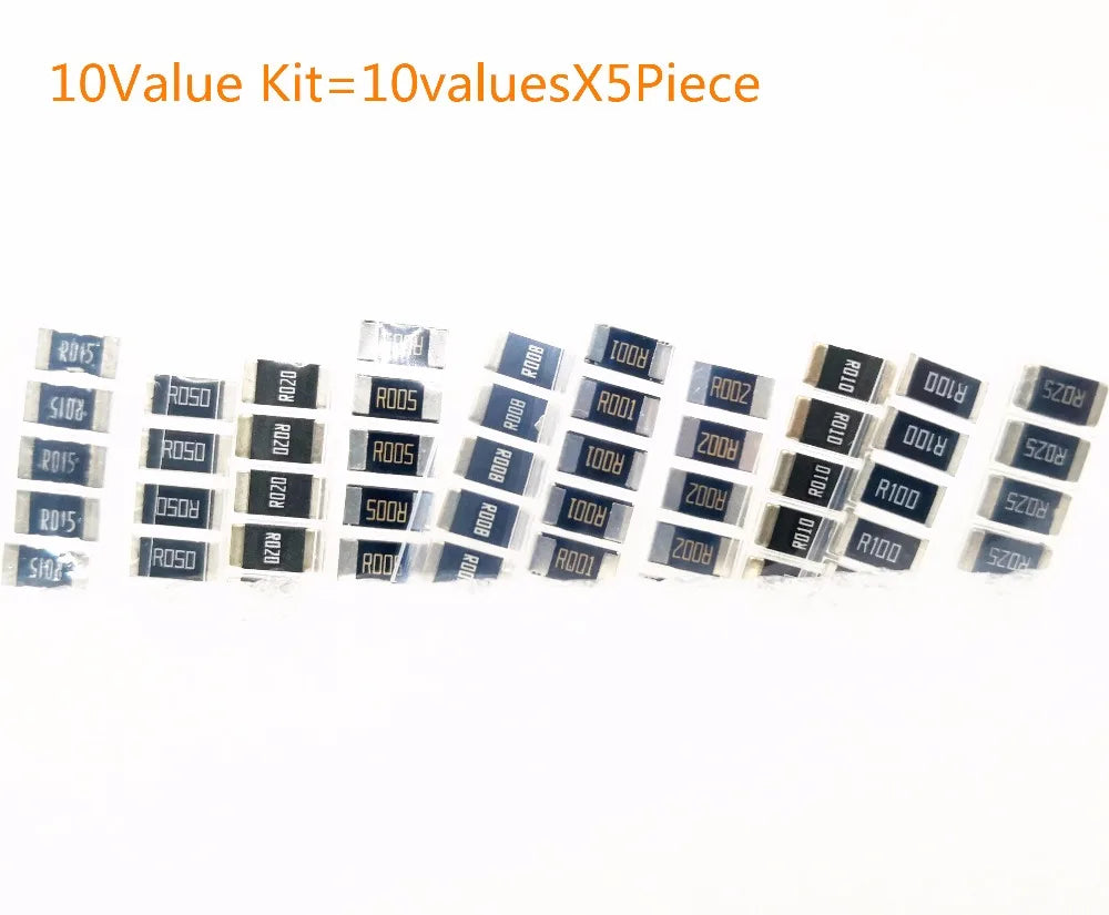 50PCS Alloy resistance kit 2512 SMD Resistor Samples kit 10 kindsX5pcs=50pcs R001 R002 R005 R008 R010 R015 R020 R025 R050 R100