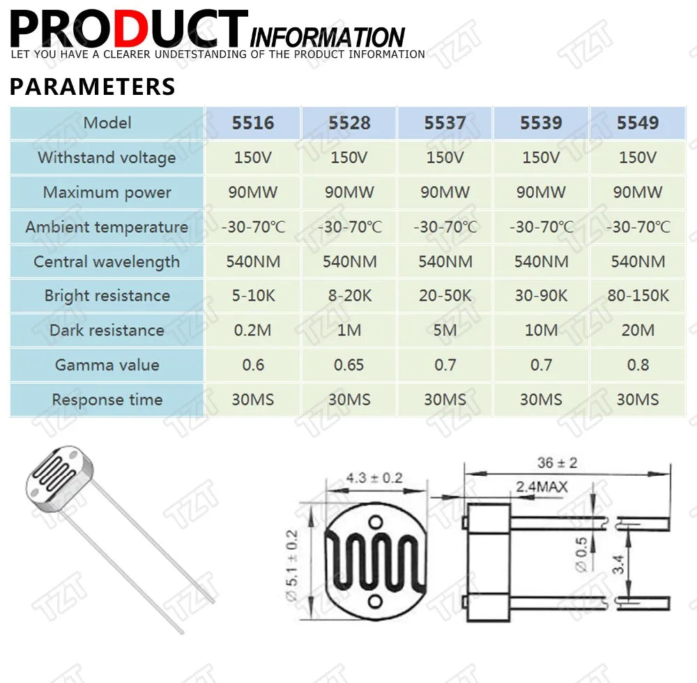 20PCS  LDR Photo Light Sensitive Resistor Photoelectric Photoresistor 5528 GL5528 5537 5506 5516 5539 5549 For Arduino