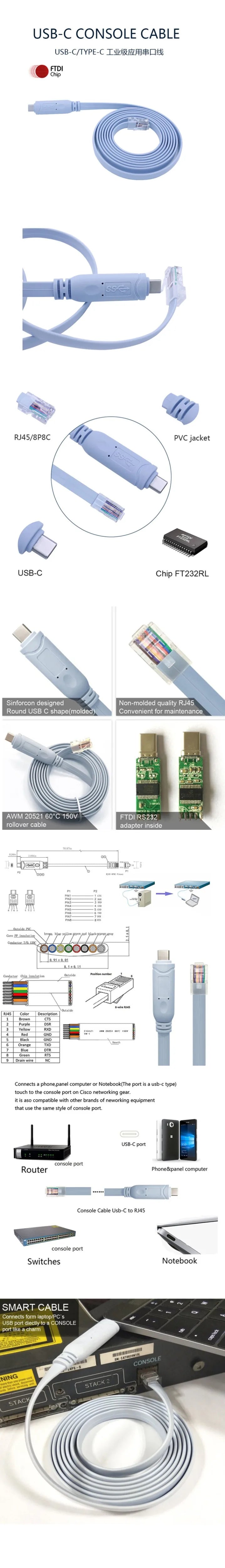 Best Cisco Console Cable USB 6FT FTDI Type-C to Rj45 RS232 For Windows 8/7 Vista MAC Linux Cisco Extension 180cm Cable