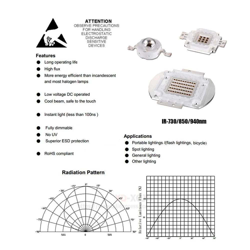High Power LED Chip Infrared Emitter Lamp Light Bead for COB VR AR Virtual Reality DIY Flashlight 940nm 850nm 730nm 3-100W