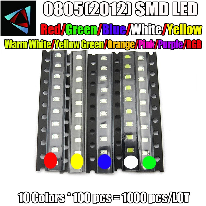 1000Pcs 10 Colors x 100Pcs SMD 0805 (2012) LED White Red Green Yellow Blue Warm Pink Purple Orange Light Emitting Diode Kit