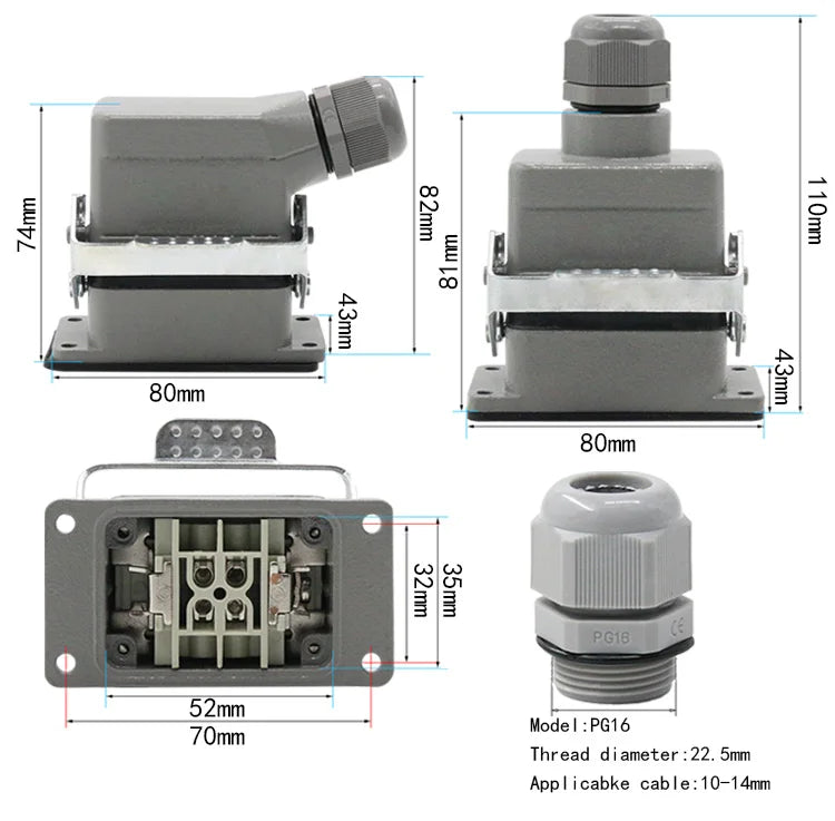 Rectangular Heavy Duty Connector HDC-HE4 6 10 16 20 24 32 48 Core Pin 16A Waterproof Aviation Plug  Top  And Side Line Connector