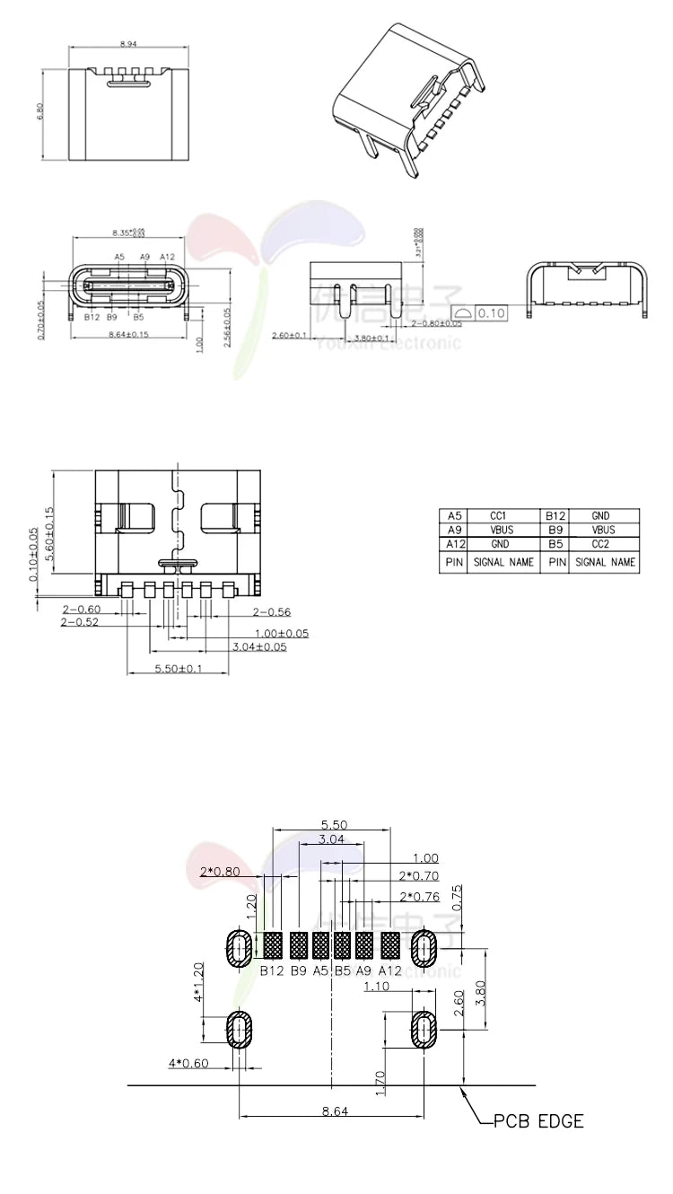 10pcs/lot 6 Pin SMT Socket Connector Micro USB Type C 3.1 Female Placement SMD DIP For PCB design DIY high current charging