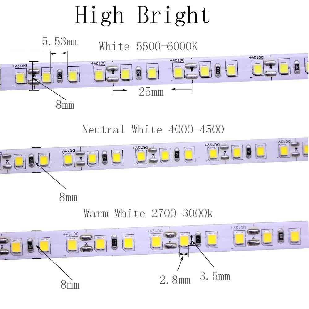 5V 12V 24V 5M 2835 3528 SMD 120leds/m 600Leds/5m 4000K neuttral White Warm White Flexible LED Strip Tape lighting Not-Waterproof