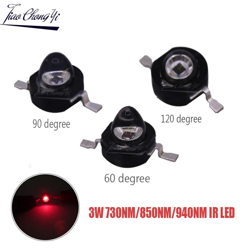 3Watt 3W High Power LED 850nm 940nm 730nm 60 90 120 Degree Infrared LED IR for Night Vision CCTV DIY