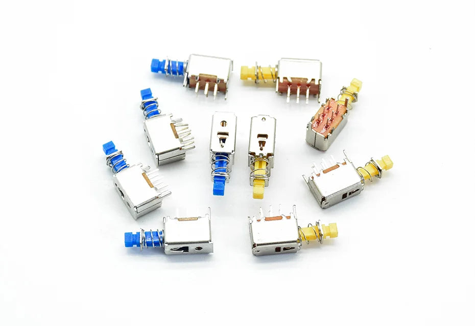5pcs  Right Angle PCB Latching Push Button Switch DPDT Double Pole 6 Pin self-locking key power switches red blue yellow A03/04