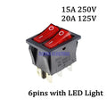 50pcs 6 Pin On-ON KCD2 with Red Light Double Boat Power Switch Rocker Switch