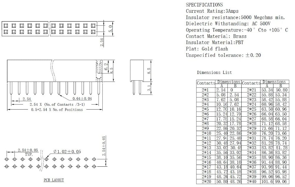 10Pcs 2.54mm Straight Dual 2X2/3/4/5/6/7/8/9/10/11/12/18/20/24/25/30/40P PH8.5mm Double Row Gold Rohs PCB Female Header Socket