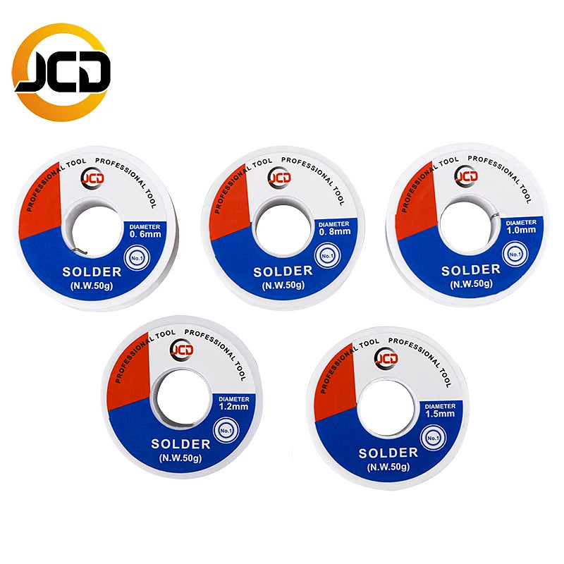 JCD Soldering Wire 50g 0.6/0.8/1.0/1.2/1.5 MM 60/40 FLUX 2.0% 45FT Tin Lead Tin Wire Melt Rosin Core Solder Soldering Wire Roll
