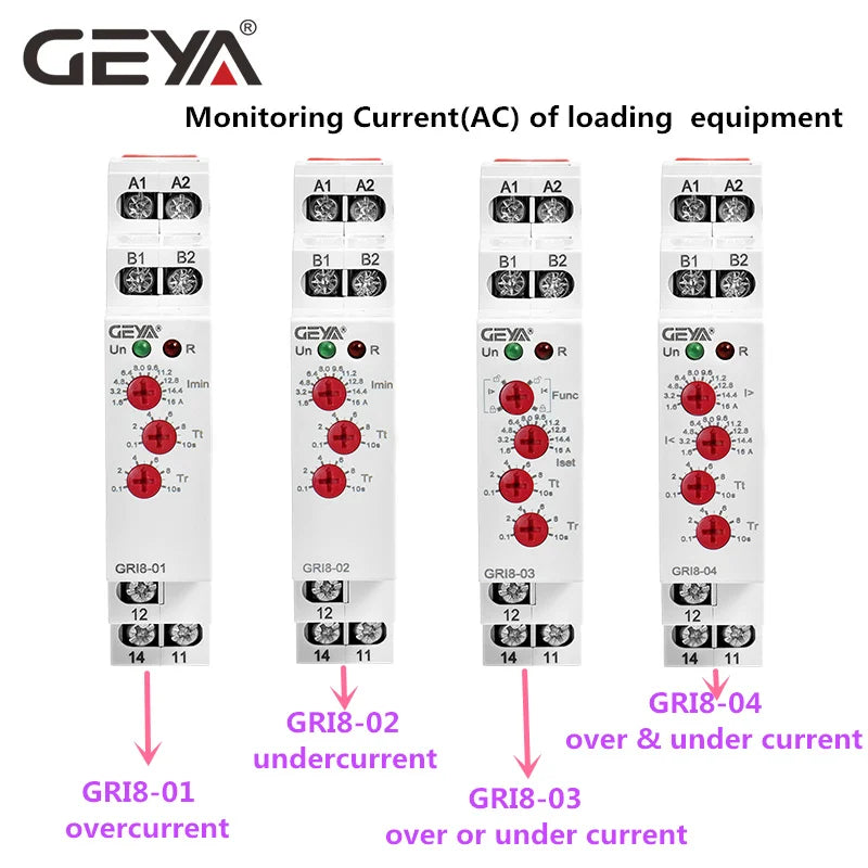 GEYA GRI8-01/02 Over / Under Current Monitoring Relay 10A Current Sensing Relay Din Rail Mounted Current Monitor AC/DC24V-240V