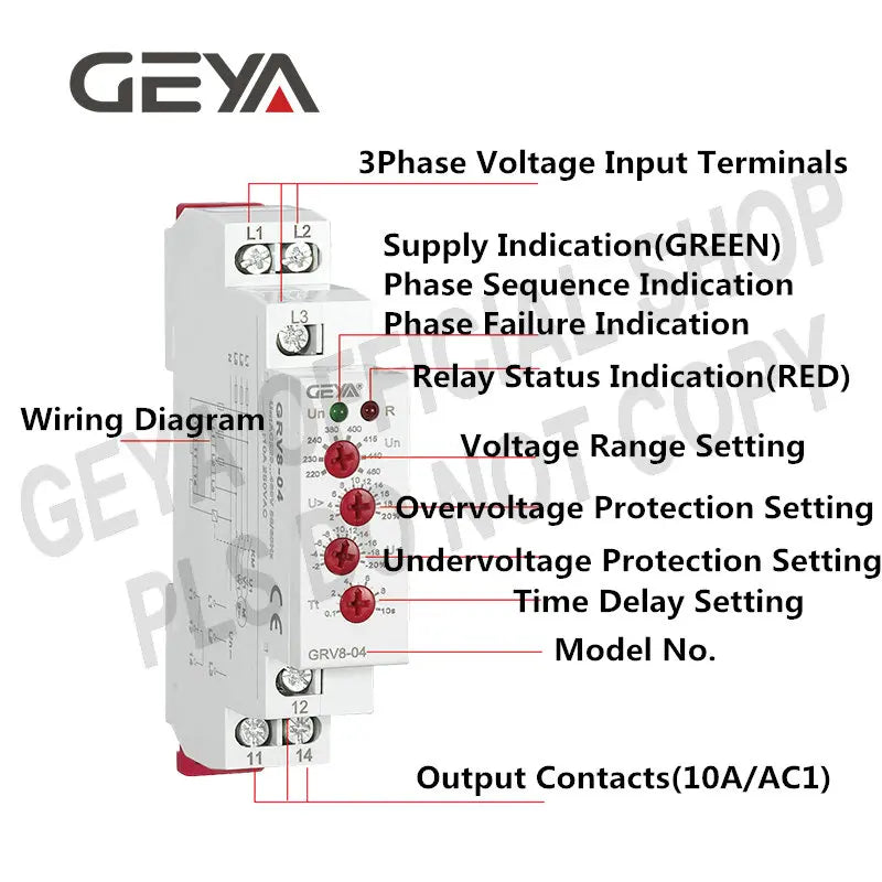 GEYA GRV8-04 3 Phase Voltage Monitoring Relay with Phase Protection Delay Time Overvoltage and Undervoltage Relay Din Rail