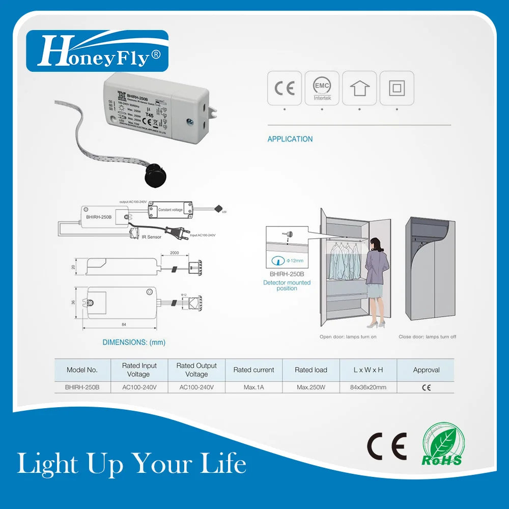 HoneyFly Patented IR Sensor Switch 250W 100-240V (Max.70W For LEDs) Infrared Sensor Switch Motion Sensor Auto On/off 5-10CM CE
