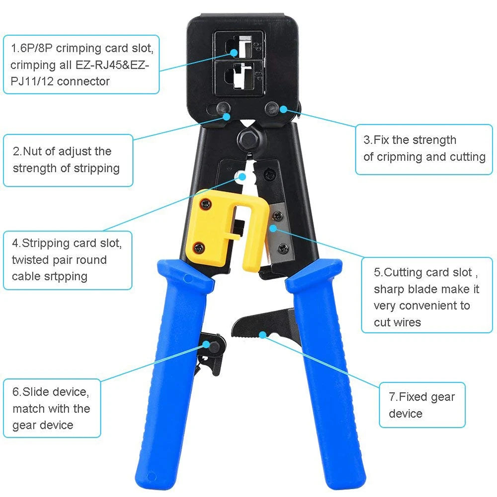 Easy Pass Thru RJ45 Crimper RJ45 Crimping Tool Cat5 Cat5e Cat6 Pliers Cutter Stripper for RJ45 RJ12 8P 6P Pass Through Connector