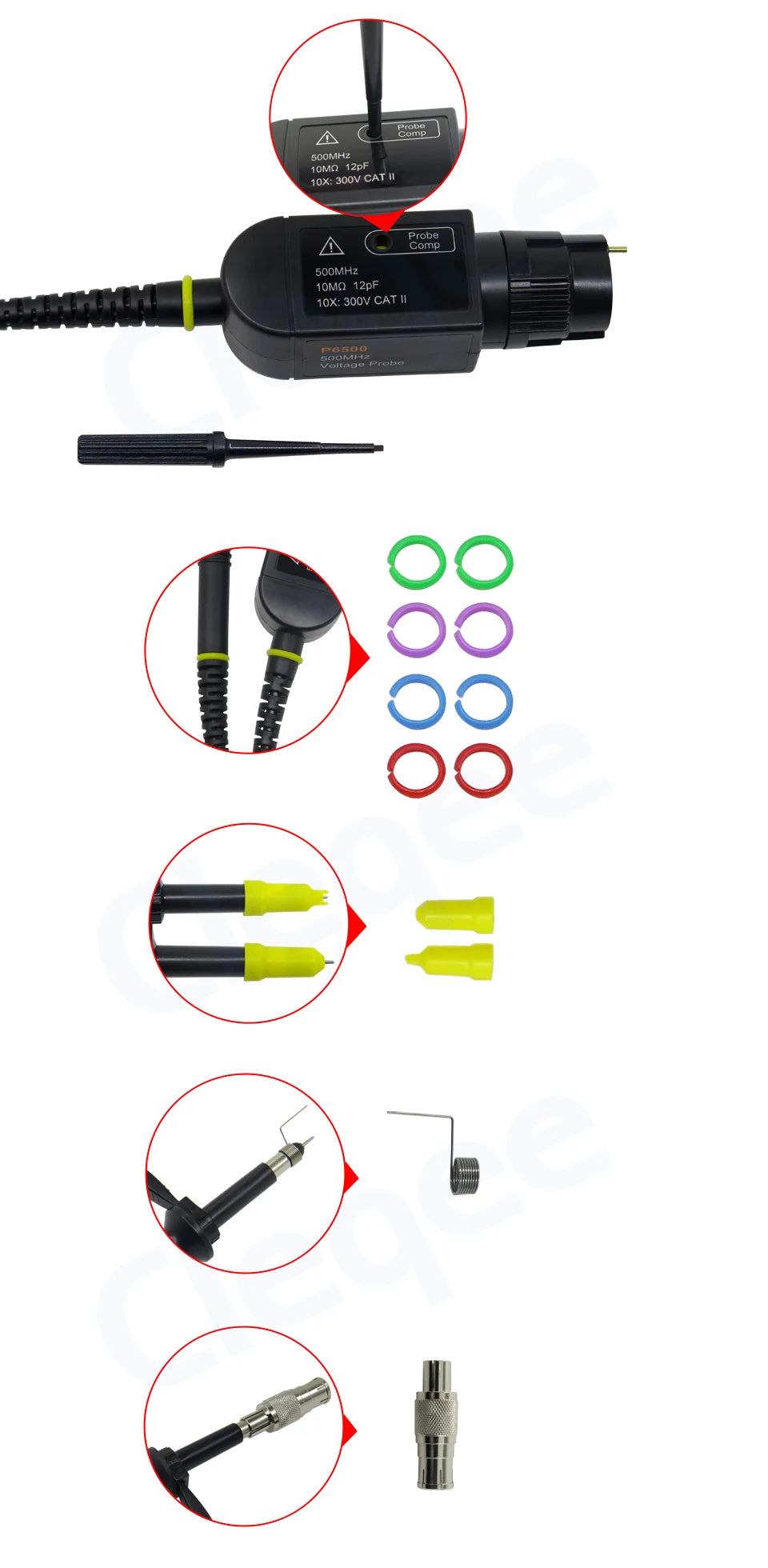 Cleqee P6500 DC-500MHz Oscilloscope Probe BNC Plug Protective Cap Test Probe For Oscilloscope