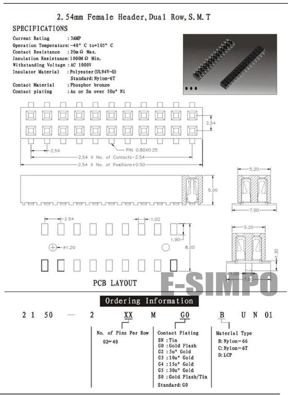 50pcs 2.54mm SMT 2*3P/4/5/6/8/10/12/15/20/40Pin Dual Double Row Horizontal SMD Gold Rohs Reflow PH8.5 Female Pin Header Socket