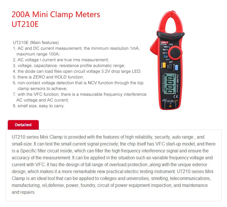 UNI-T Clamp Meter Digital UT210E UT210D AC Current Mini Clamp Multimeter True RMS Pliers Ammeter UT210C Auto Range