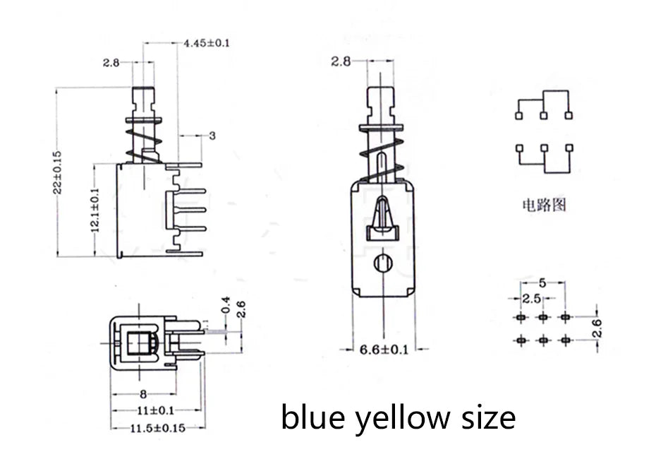 5pcs  Right Angle PCB Latching Push Button Switch DPDT Double Pole 6 Pin self-locking key power switches red blue yellow A03/04