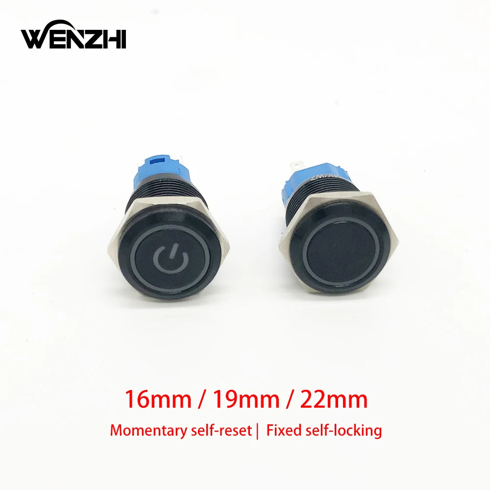 Black Metal Push Button Switch Start Stop 12/24/220V 16/19/22mm Connected LED Backlit Rocket Power Controller Momentary/Latching