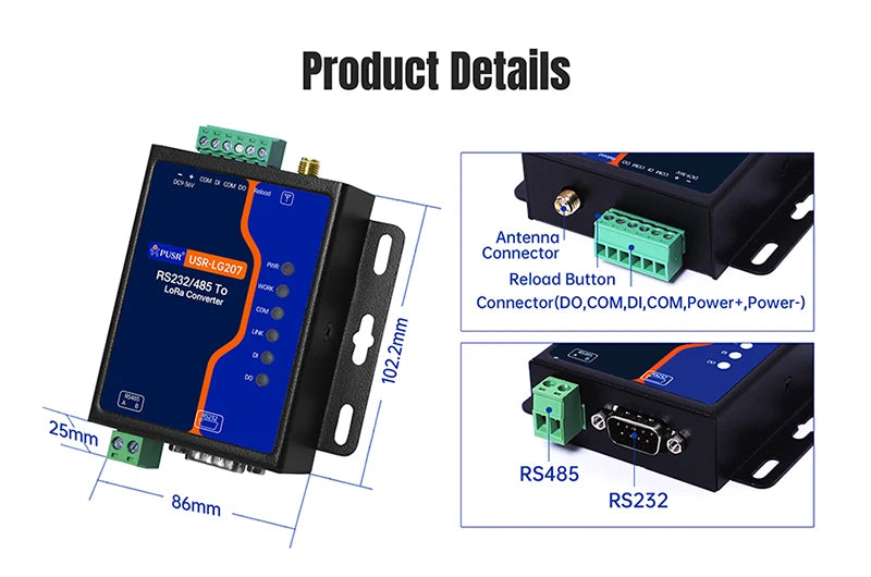 PUSR RS485/232 to LoRa Converter Point to Modbus TCP/RTU Gateway 8KM Data Transfer SX1262 DI+DO IO LoRa Wireless Modem USR-LG207