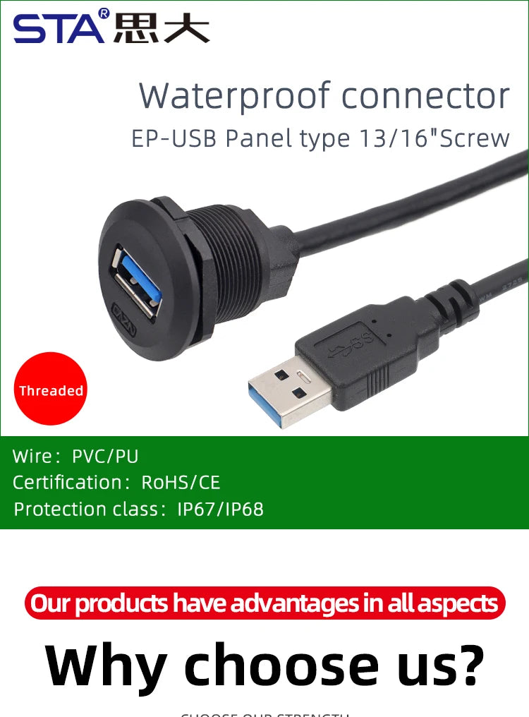 IP67 Waterproof Threaded Type EP Panel Board Female to Male Front Mounted USB 2.0/3.0 Socket Adapter Circular Aviation Connector