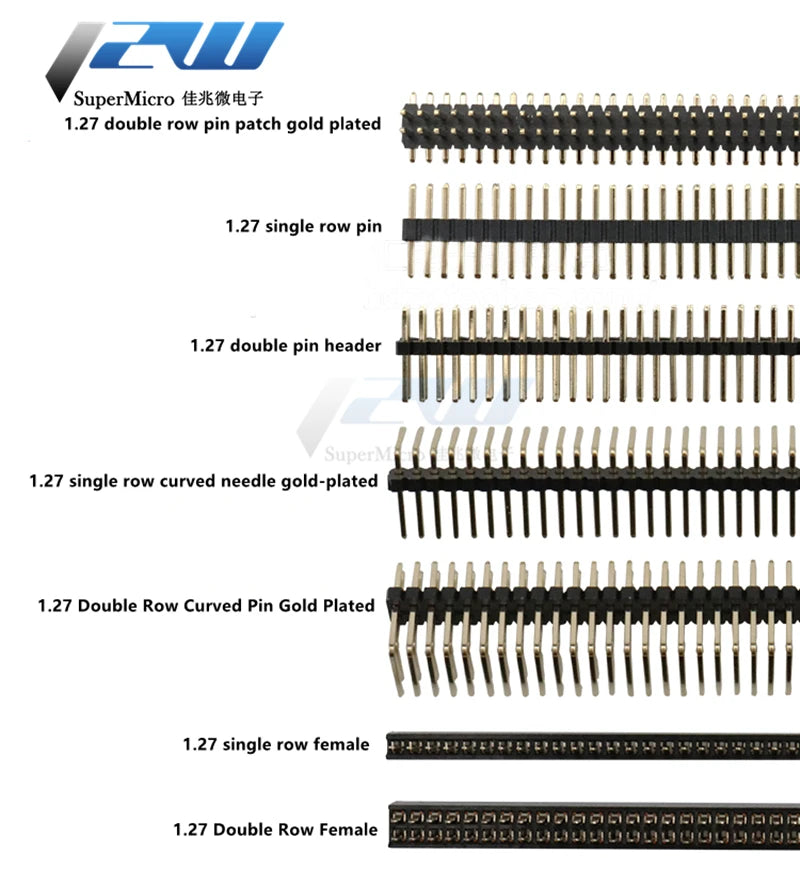 Free shipping (5pcs/lot) Pitch 1.27MM Pin Header Female Single and Double Row 1*40P 50P 2*40P50P Straight/Curved Pin Gold Plated