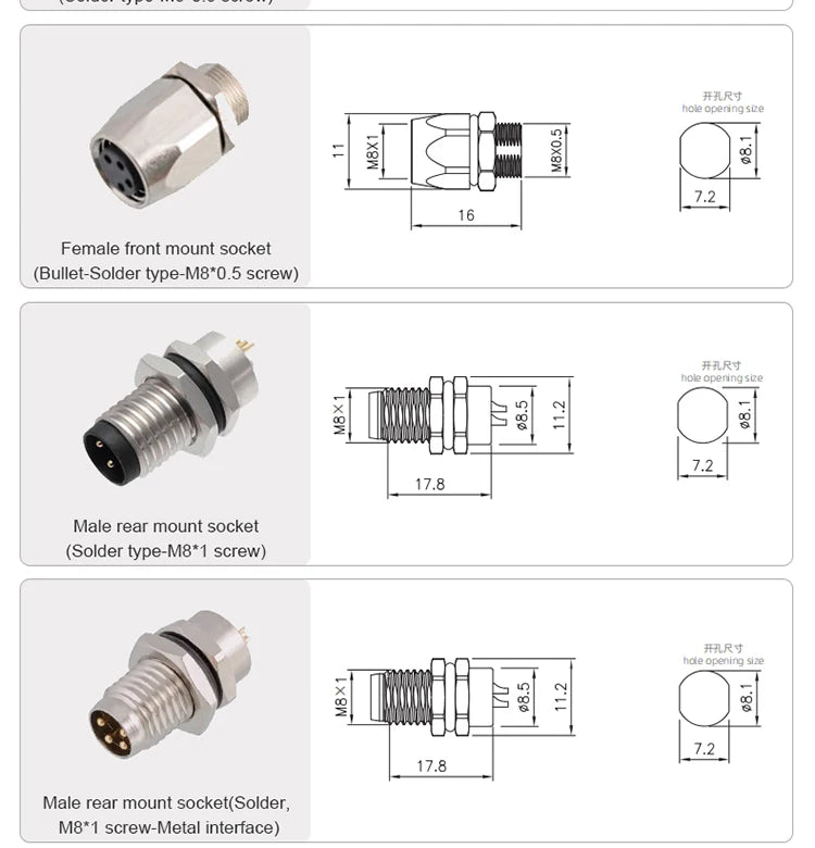 3 4 5 6 8 Pins M8 Solder Welding A D Coding Male Female Panel Mount IP67 Sensor Circular Connectors