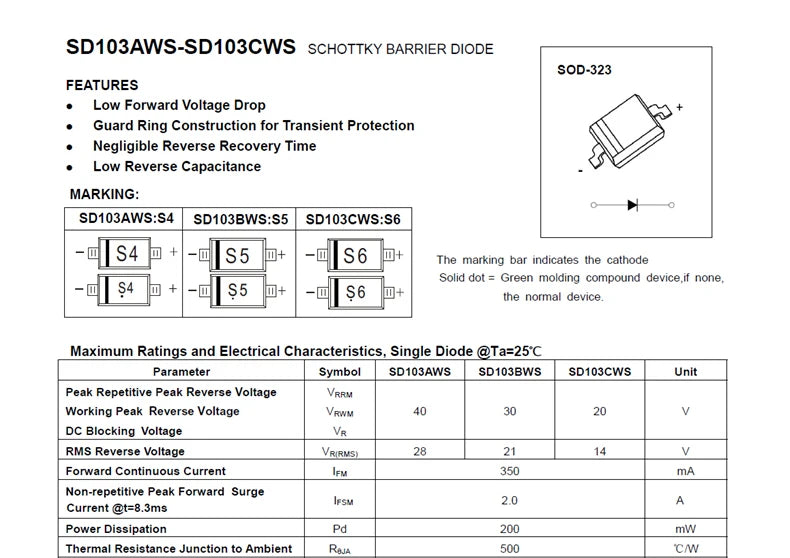 (100pcs) 1N5819WS SOD-323 0805 SMD Schottky Diode 1N5819 (Marking S4) SD103AWS