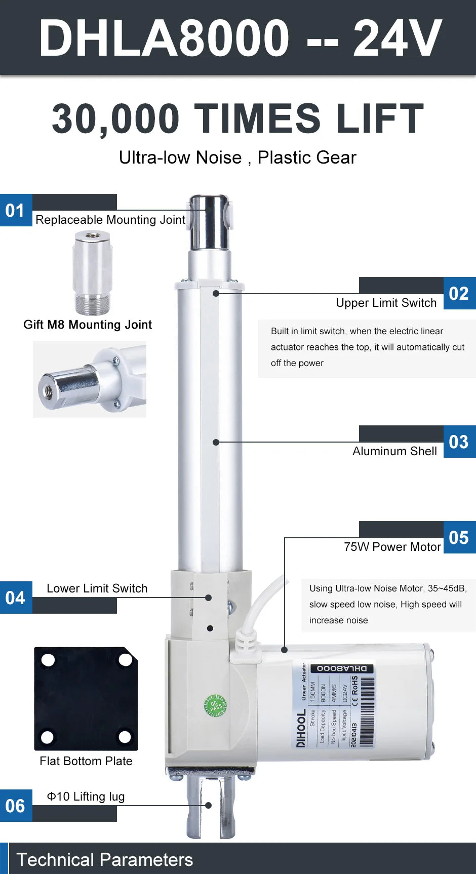Electric Linear Actuator 24V With Hall Sensor 4PCS SYNC Control KIT MAX 8000N 100MM 200MM 300mm  500mm 1000mm Stroke