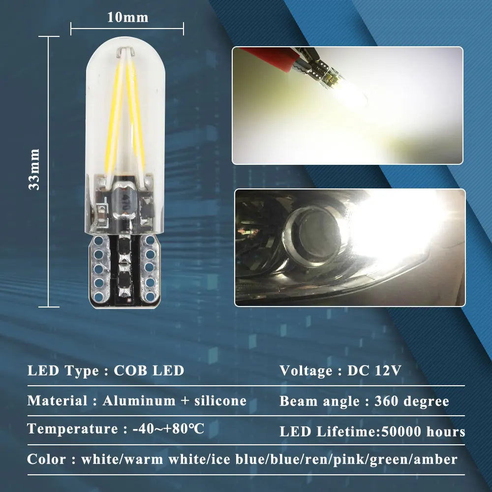 2pcs T10 LED W5W Cob Glass Car Light Bulb 194 168 LED Automobiles Interior Light Dome Reading Lamp License Plate Clearance Light