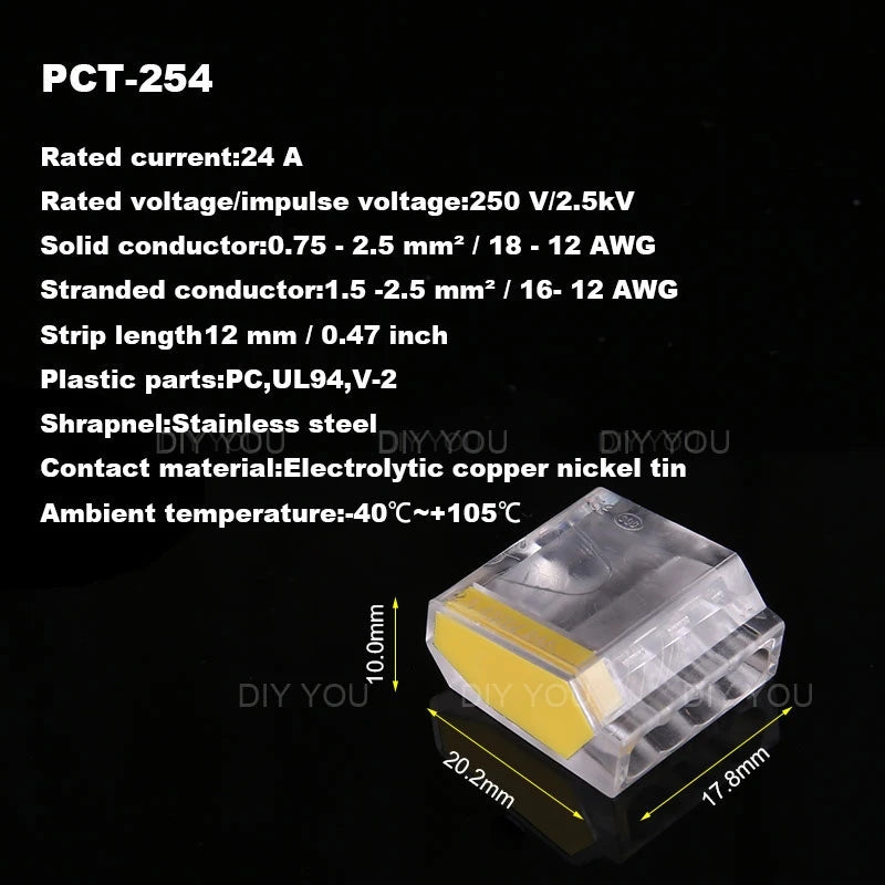 25/50/100Pcs 252/253/254/255 Fast Push-in Conductor Wiring Connector Terminal Block Compact Wire Connector 2/3/4/5Pin AWG18-12