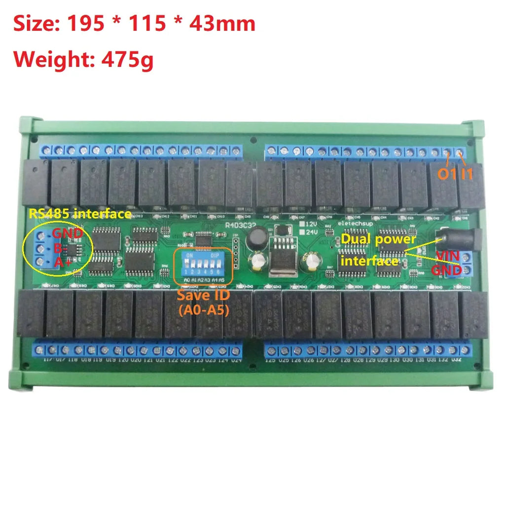DC 12V 24V 32 Channels Modbus RTU RS485 Bus Relay Module UART Serial Port DIN35 Rail Board for PLC LED Home Automation Door Lock