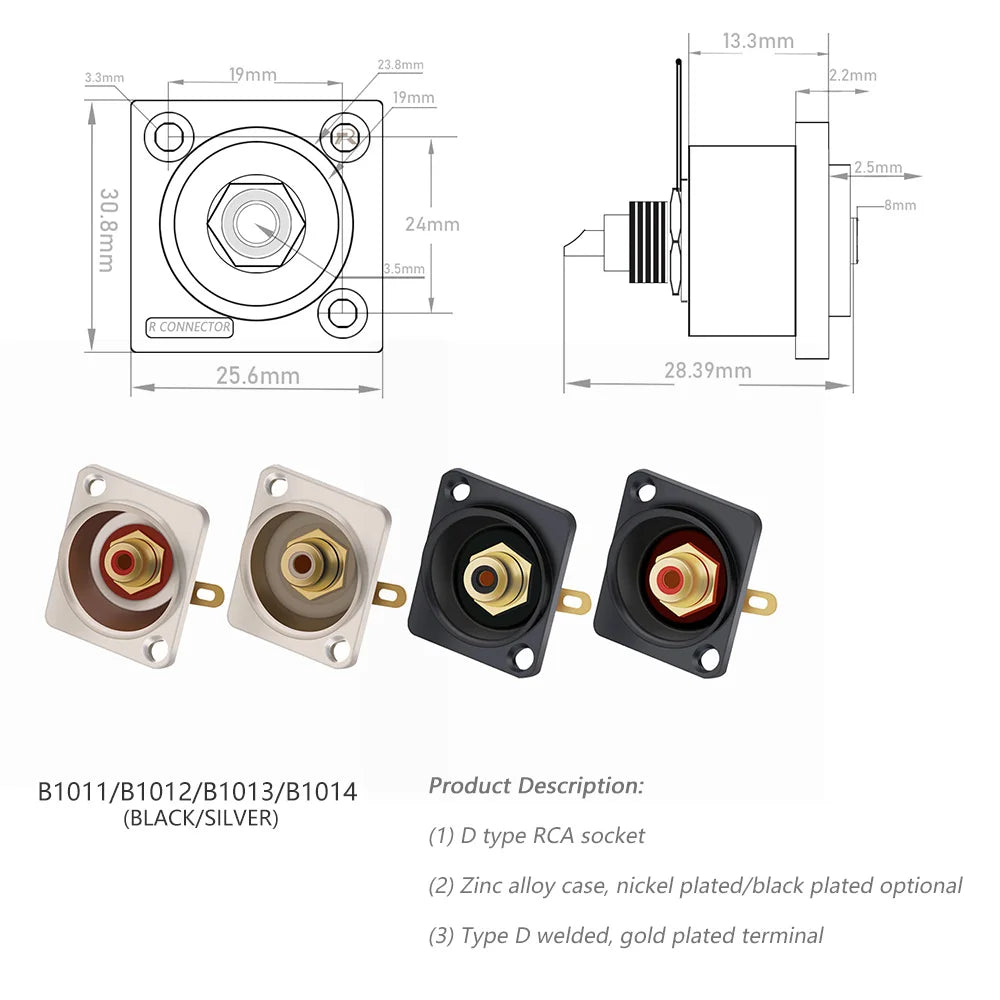 2pcs  Female RCA Panel Mount Chassis Socket Connector, Excellent quality, Black Female Socket, Red&Black Colors Available